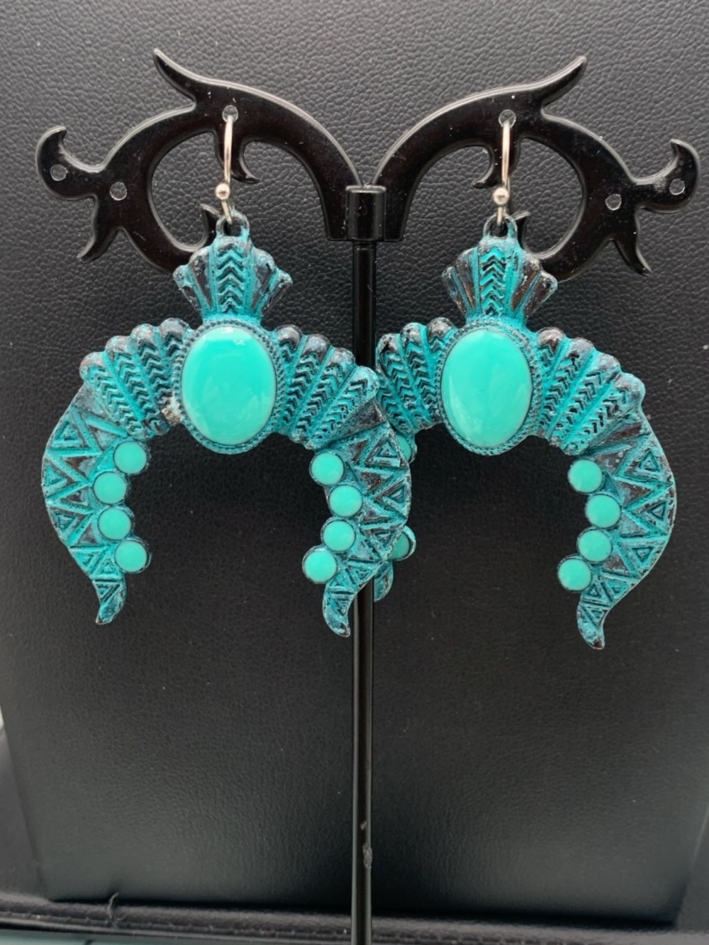 Turquoise colored Statement squash blossom style Crescent Earrings